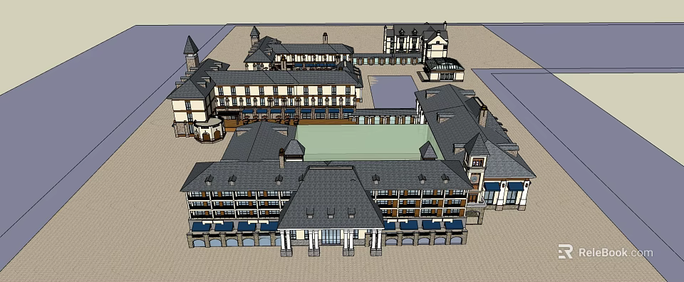European Style Commercial Complex Featuring Towers Plaza Water Feature And Multi Story Buildings 3d model 