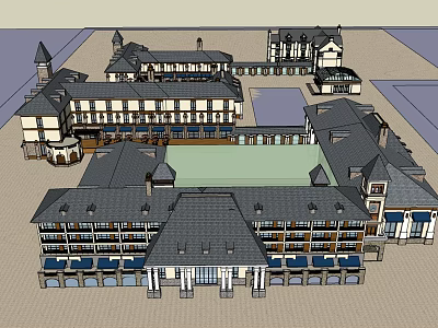 European Style Commercial Complex Featuring Towers Plaza Water Feature And Multi Story Buildings 3d model