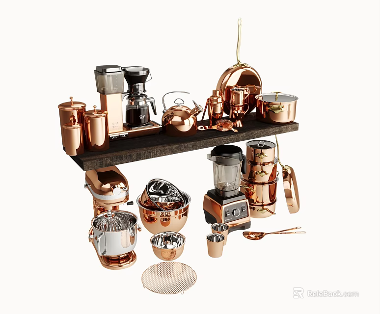 Copper And Metal Kitchen Cookware Set With Coffee Maker Blender Pots Bowls And Spoons On Shelf 3d model 