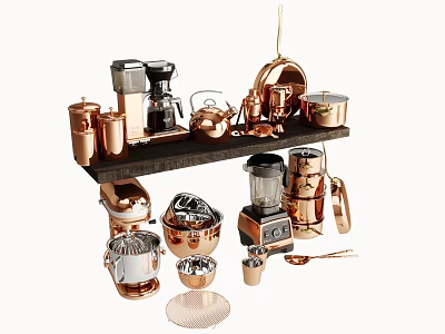 Copper And Metal Kitchen Cookware Set With Coffee Maker Blender Pots Bowls And Spoons On Shelf 3d model