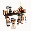Copper And Metal Kitchen Cookware Set With Coffee Maker Blender Pots Bowls And Spoons On Shelf