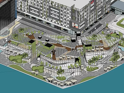 Modern Commercial Street Exterior Design With Greenery Outdoor Seating and Pedestrian Walkways 3d model