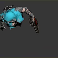 Fantasy Woman With Blue Hair And Horns In Black Outfit Holding Red Detailed Weapon