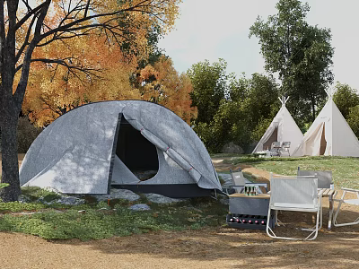 Scenic Garden Landscape With Gray Tent Autumn Colored Trees Teepees And Camping Chairs In Grassy Area 3d model
