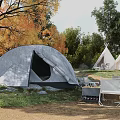 Scenic Garden Landscape With Gray Tent Autumn Colored Trees Teepees And Camping Chairs In Grassy Area