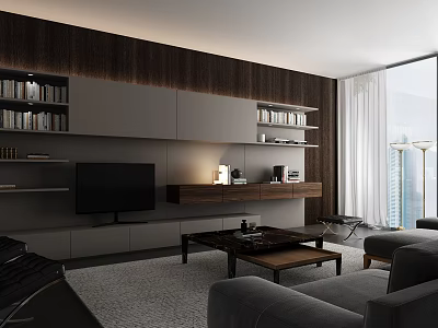 Modern Minimalist Living Room Interior With Built In TV Cabinet And Dark Wood Accent Wall 3d model
