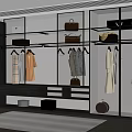 Modern Wardrobe Room Interior With Hanging Clothes Bags And Storage Shelves