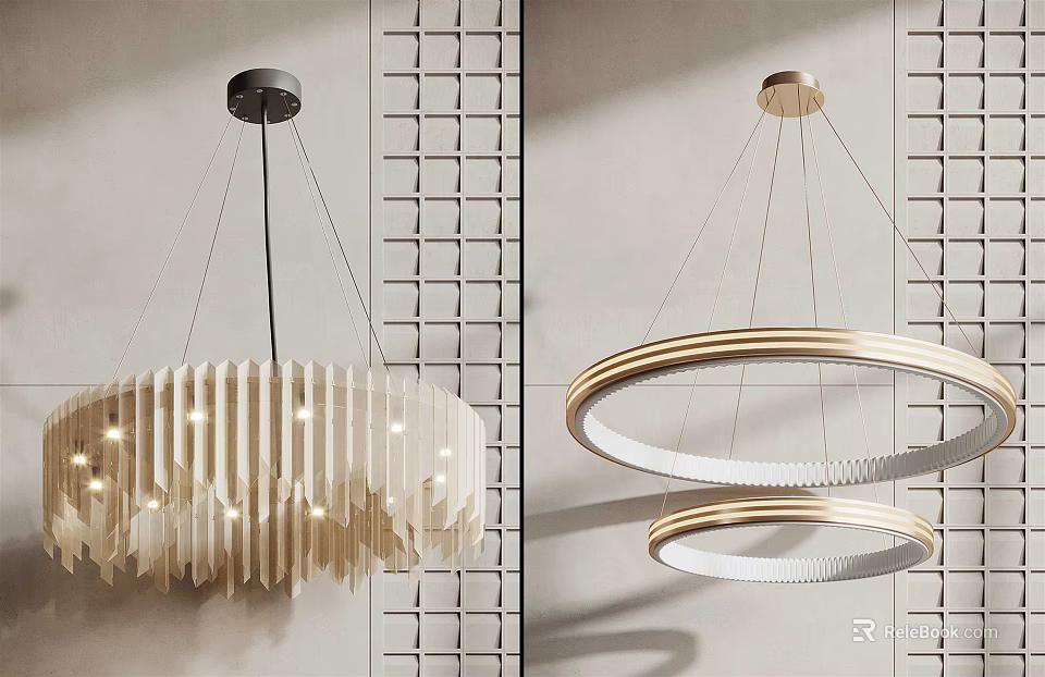 Modern White Layered Strip And Gold Double Ring Chandeliers For Ceiling Lighting 3d model 