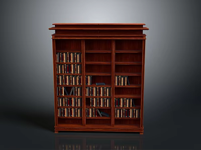 Classic Dark Brown Wooden Bookcase With Multiple Shelves Filled With Books 3d model