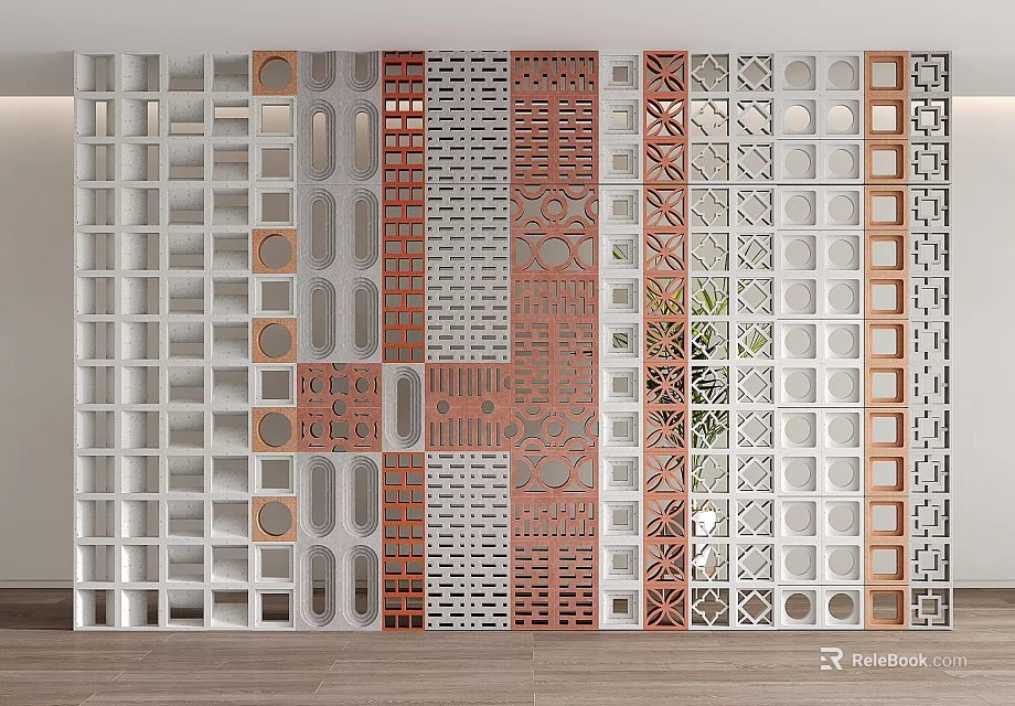 Architectural Perforated Wall Panel In Modern Style With Geometric Cutouts And White Gray Brown Tones 3d model 