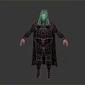 Man With Long Hair Wearing Black Armor And Purple Cape Standing Against Gray Background