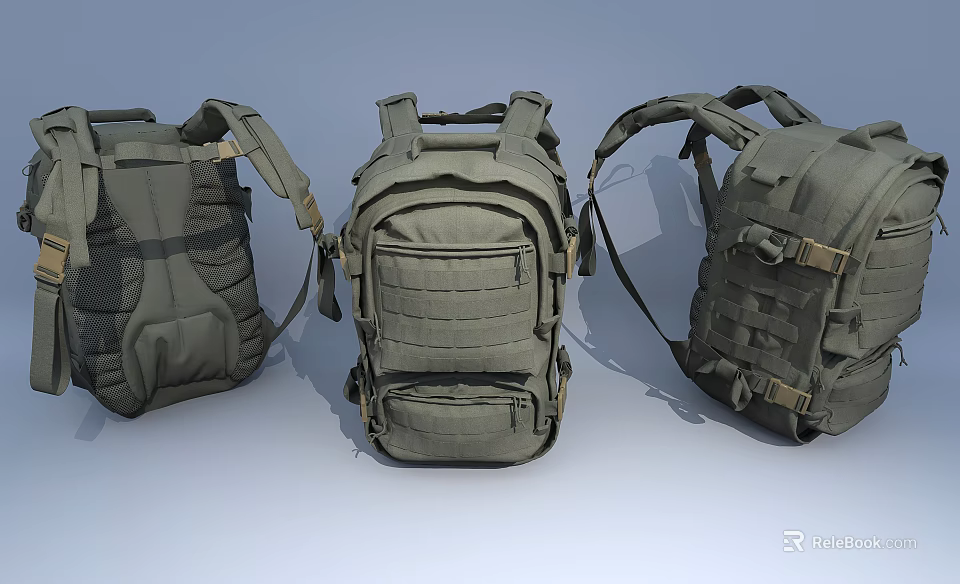 Military Green Tactical Backpacks Displayed In Three Angles With Straps And Pockets 3d model 