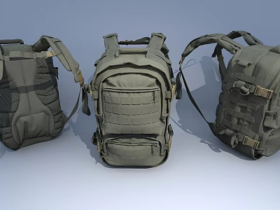 Military Green Tactical Backpacks Displayed In Three Angles With Straps And Pockets 3d model
