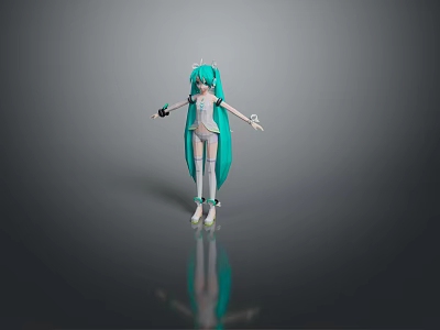 Game Anime Character With Teal Long Hair And White Outfit Standing On Reflective Surface 3d model