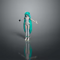 Game Anime Character With Teal Long Hair And White Outfit Standing On Reflective Surface