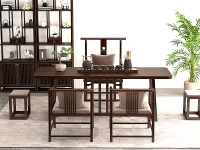 Modern Chinese Wooden Tea Table and Chairs with Tea Sets Display Cabinet and Green Plant 3d model