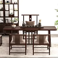 Modern Chinese Wooden Tea Table and Chairs with Tea Sets Display Cabinet and Green Plant