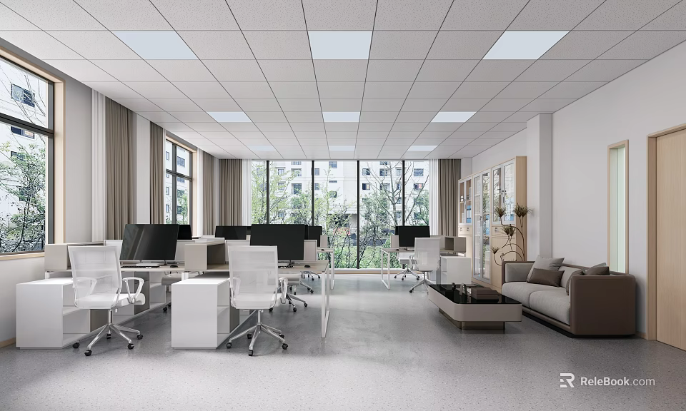 Bright Public Office Space With White Ergonomic Chairs Computers Large Windows And Lounge Sofa 3d model