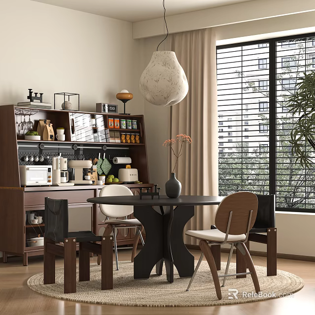Cozy Restaurant Interior Design With Round Dining Table Wooden Chairs Pendant Lamp And Window Blinds 3d model 
