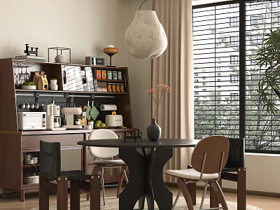 Cozy Restaurant Interior Design With Round Dining Table Wooden Chairs Pendant Lamp And Window Blinds 3d model