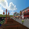 Scenic Traditional Commercial Street With Red Lanterns Wooden Buildings Flowers And Mountain Views