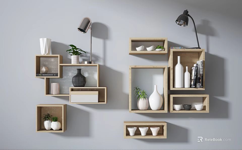Wooden Wall Cabinets And Floating Shelves With Vases Potted Plants And Table Lamps 3d model 