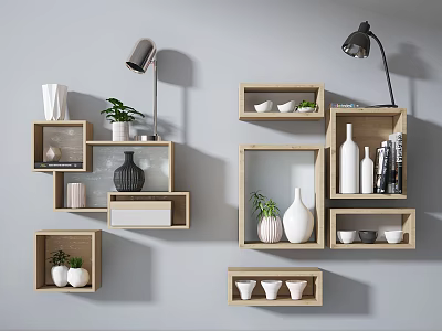 Wooden Wall Cabinets And Floating Shelves With Vases Potted Plants And Table Lamps 3d model