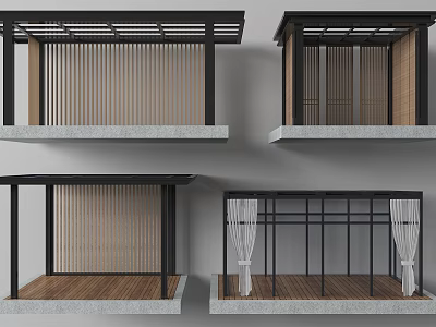 Various Pergola Designs With Wooden Slats Metal Frames And Hanging Curtains 3d model