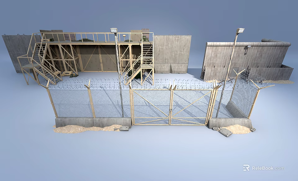 Building Exterior Wall with Wooden Structure Concrete Wall and Metal Fence Staircase and Platform Design 3d model 