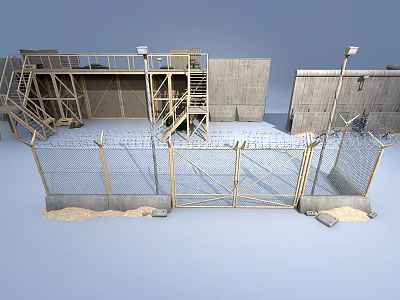 Building Exterior Wall with Wooden Structure Concrete Wall and Metal Fence Staircase and Platform Design 3d model