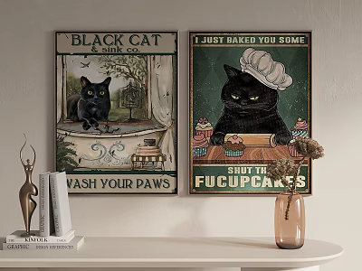 Cat Themed Wall Posters With Black Cat And Chef Hat Design For Home Decor 3d model