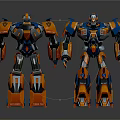 Orange And Blue Futuristic Robots With Mechanical Structure Standing On Reflective Surface