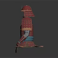 Traditional Japanese Samurai Weapon with Red Armor and Decorative Helmet Design