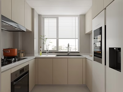 Modern Kitchen With Light Colored Cabinets Stainless Steel Appliances And Window Blinds 3d model