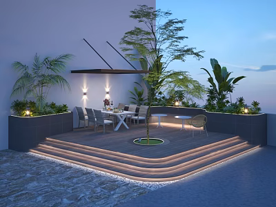Elegant Terrace Garden Landscape With Illuminated Steps Central Tree And Outdoor Dining Set 3d model