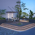 Elegant Terrace Garden Landscape With Illuminated Steps Central Tree And Outdoor Dining Set
