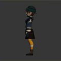 Adventurous Woman Blue Hat Top Shorts Orange Socks Brown Boots Arm Bandages Waist Tool Bag