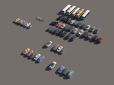 Various Types of Cars and Buses Displayed in Order with Different Colors and Models 3d model