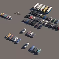 Various Types of Cars and Buses Displayed in Order with Different Colors and Models