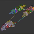 Futuristic Concept Car With Blue Gray Body And Two Yellow Red Rocket Boosters