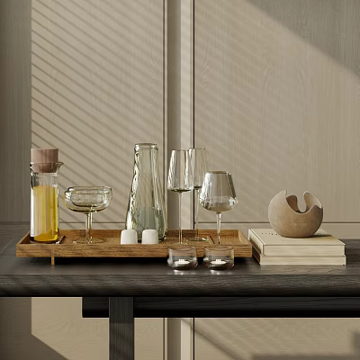 Stylish Glass Cups Arranged On Wooden Tray With Books And Spherical Decor 3d model