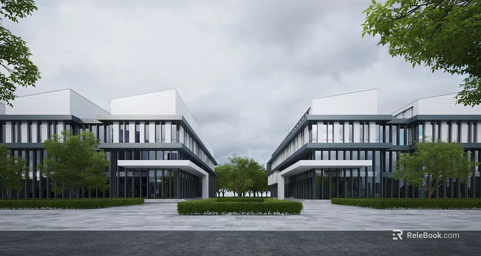 Modern Office Building Exterior With Glass Curtain Walls And Landscaped Gardens 3d model 