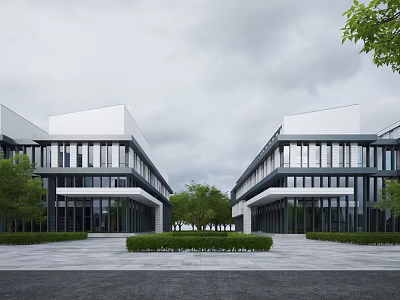 Modern Office Building Exterior With Glass Curtain Walls And Landscaped Gardens 3d model