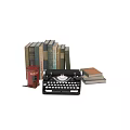 Vintage Ornamental Decor Set with Old Typewriter Books Red Canister and Notebooks on Wooden Tabletop