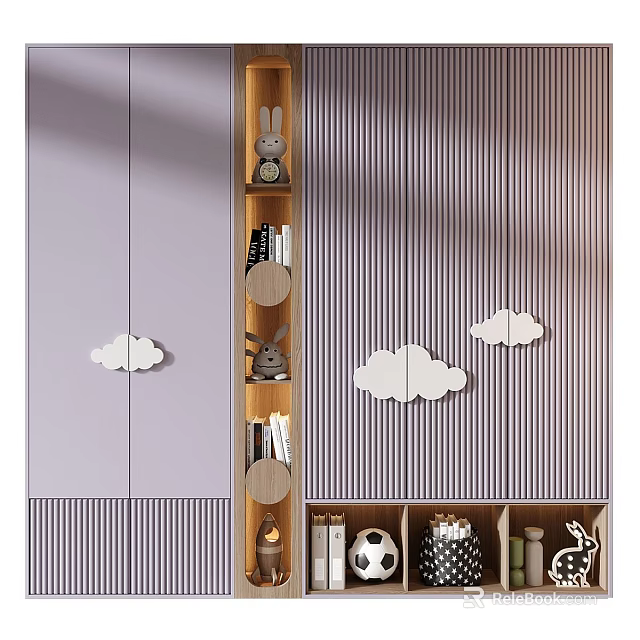 Purple Wardrobe with Cloud Shaped Handles and Side Bookshelf Holding Books Stuffed Toys Striped Wall 3d model 