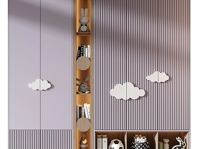 Purple Wardrobe with Cloud Shaped Handles and Side Bookshelf Holding Books Stuffed Toys Striped Wall 3d model