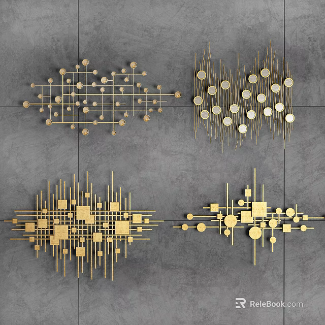 Modern Golden Geometric Wall Decor with Circles Squares and Lines on Gray Wall 3d model 