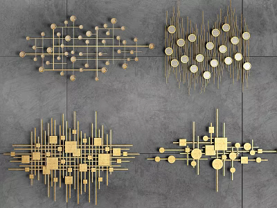 Modern Golden Geometric Wall Decor with Circles Squares and Lines on Gray Wall 3d model