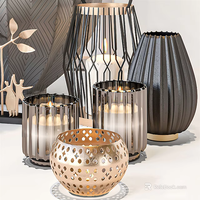 Decorative Ornaments Set With Metallic Candle Holders And Textured Vases For Home Decor 3d model 