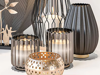 Decorative Ornaments Set With Metallic Candle Holders And Textured Vases For Home Decor 3d model